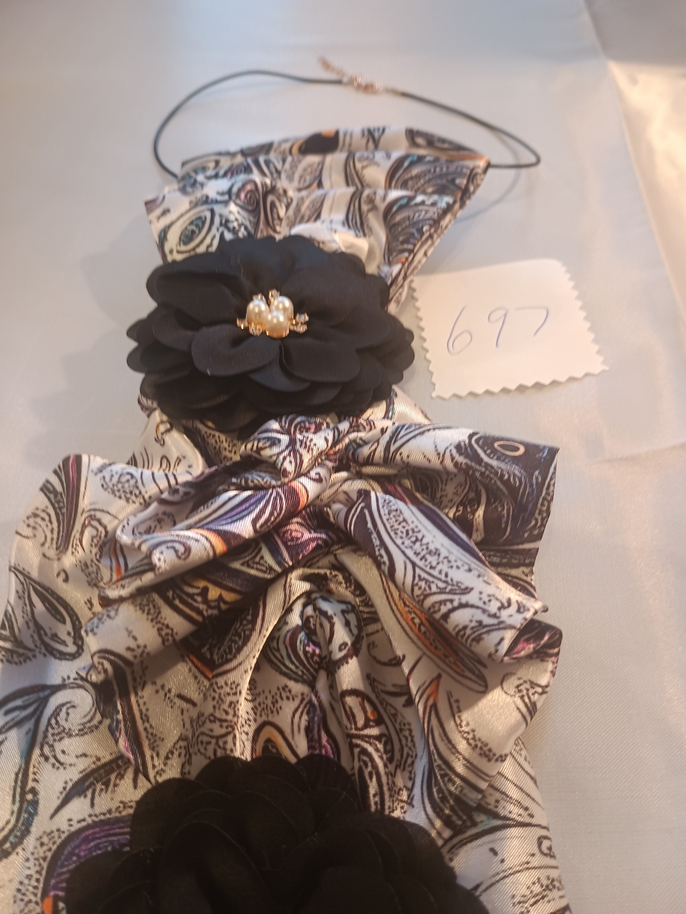 Black Floral Accent Necklace with Paisley Satin Ribbon